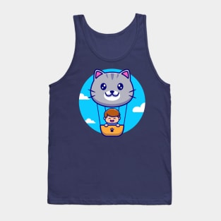 Cute Boy Flying With Cute Cat Air Balloon Cartoon Tank Top